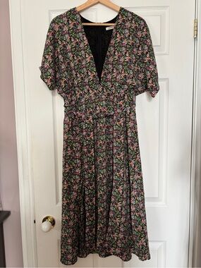 Glamorous Black Floral Midi Dress with Pink & Green Accents